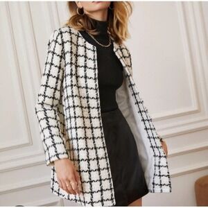 SHEIN Frency White Black Gold Plaid Open Long Jacket w/ Pockets Career Classy